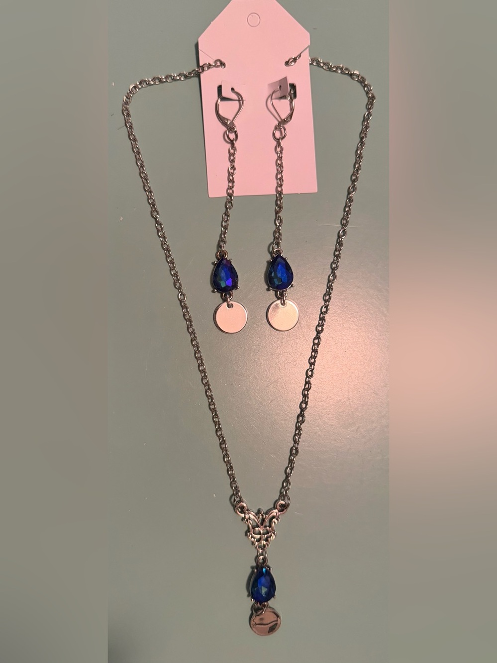 Silver-Tone Filigree Blue Crystal Teardrop Pendant Necklace & Drop Earrings Set